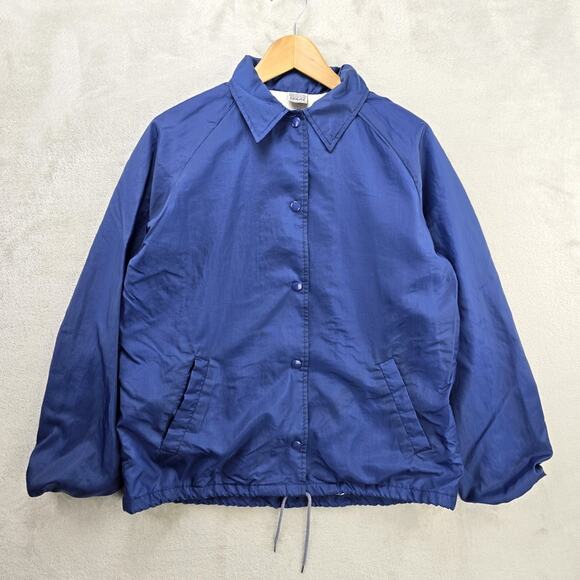 Vintage Sears Jacket Mens Large Navy Blue Snap Front Coach Windbreaker 80s - Picture 1 of 8